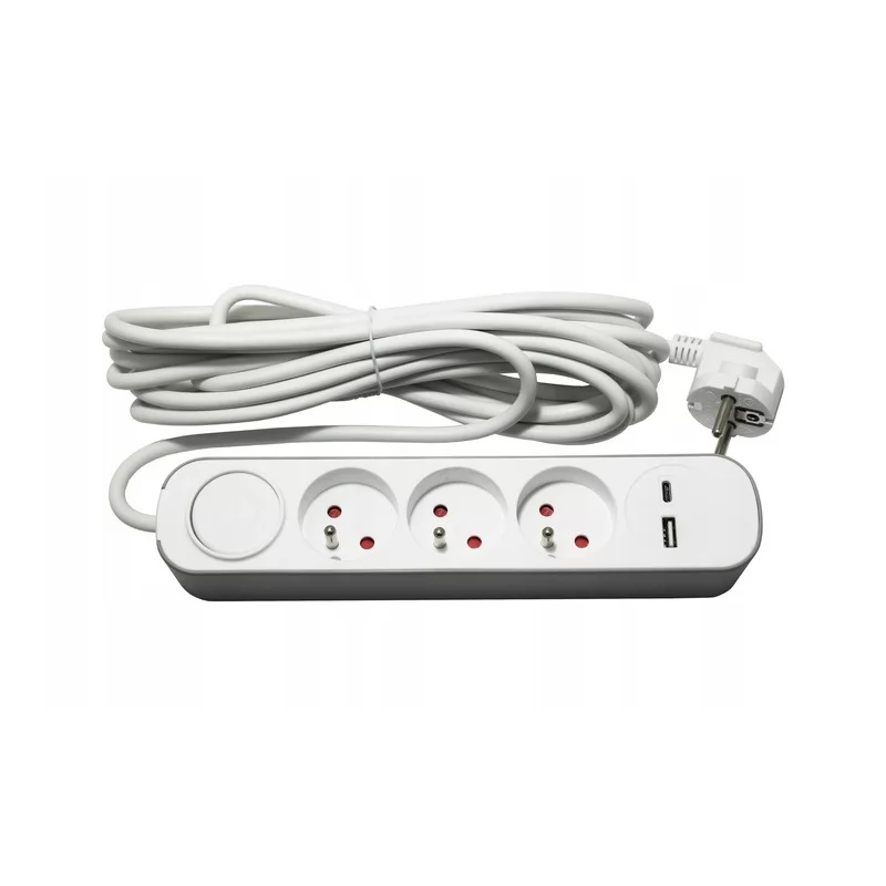 PRZEDŁUŻACZ ELEKTRYCZNY 3X2P+Z 5M+WYŁ. BIAŁO/SZARY USB-A I USB-C 2,4A